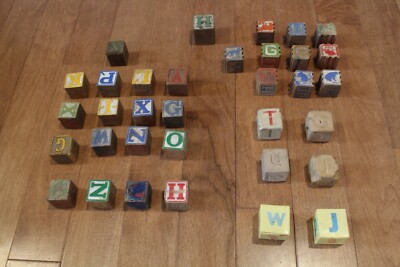 LOT of 34 Creepy VINTAGE ALPHABET ABC WOODEN WOOD Plastic Rubber BLOCKS 
