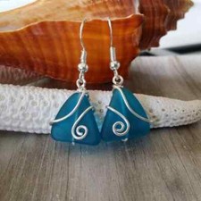 Hawaiian Jewelry Sea Glass Earrings, Wire Wrapped Teal Earrings, Beach Jewelry