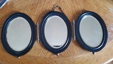 ANTIQUE Tri-Fold Nautical Shaving Mirror Oval Heavy Wood Beveled.