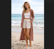 Free People Beach Bi-Coastal Duster Cardigan M Pink Longline Open Front Pockets