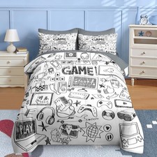 7 Pcs Comforter Set Full Size, Computer Games Doodles Bedding for Teen, Gamer...