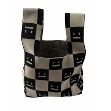 Checkered Smiley Face Knit Wristlet Tote Bag Hipster Indie Playful Modern Retro