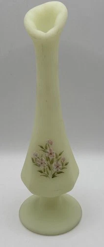 Vintage Fenton Custard Hand Painted Bud Vase Flowers Signed Original Label