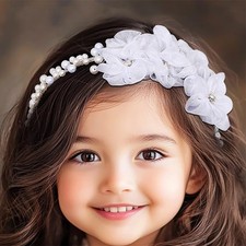 Urieo White Flower Girl Headpiece Pearl Wedding Headband First Communion Hair...
