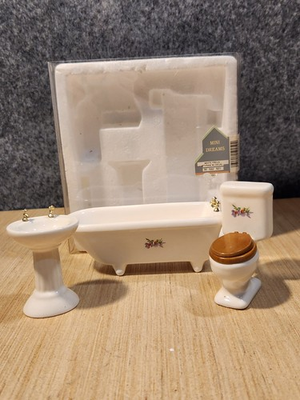 #ad VTG Dollhouse Porcelain Bathroom Set Bathtub Sink Toilet White Floral Mini NEW $24.99