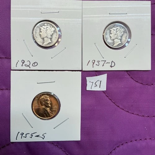 2  Circ.Mercury  Dimes 1920 /1937-D 90% Silver + CHOICE BU 1955-S Linc. .01 #751