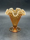Vintage RARE MCM Fenton Hobnail Amber Opalescent Glass Mini Ruffled Edge Vase 4"