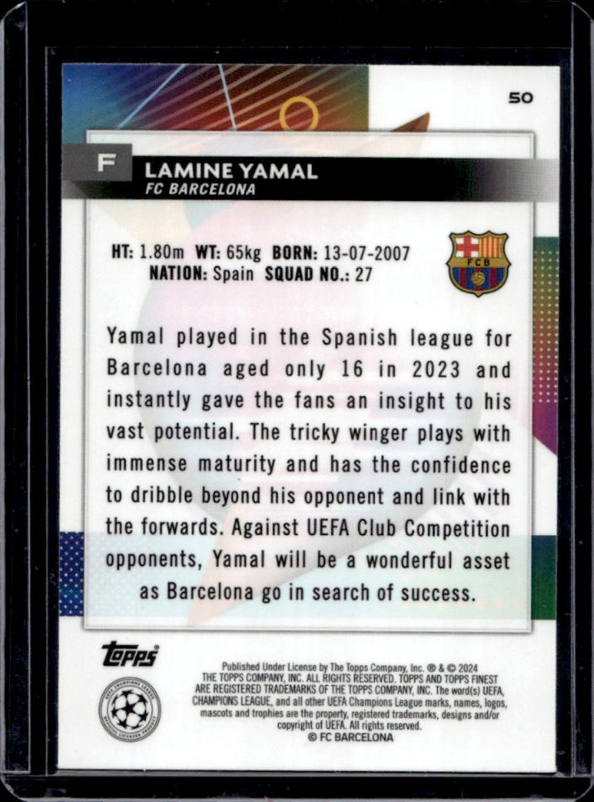 2023-24 Topps Finest UEFA Lamine Yamal RC Rookie #50 Barcelona view 2