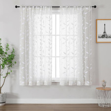 White Sheer Curtains 63 Inch Length - Light Filtering Blend Linen Embroidered Le