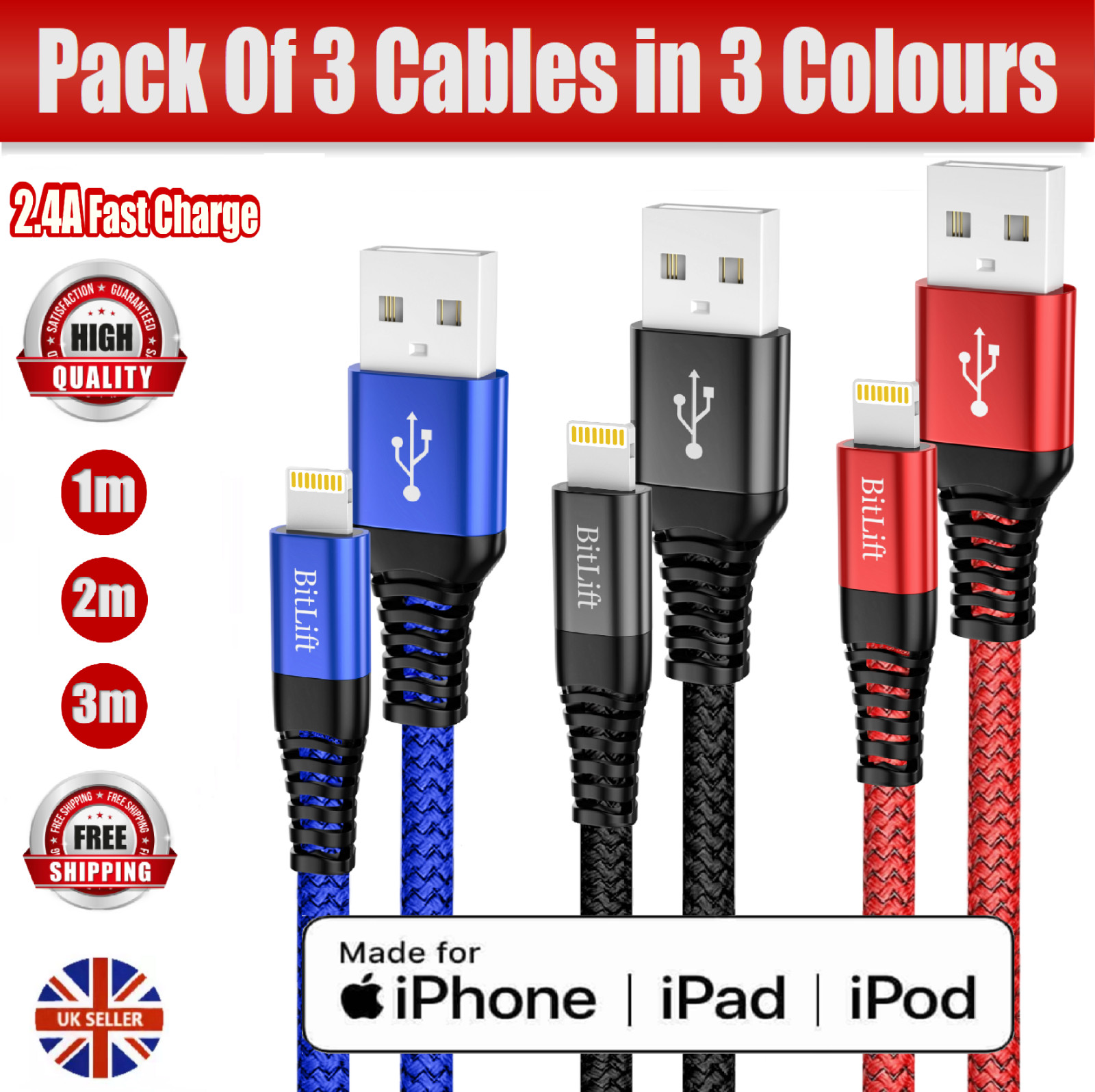 iPhone Charger Cable 3Pack MFI Certified Lightning Fast Charging Cable 1M,2M,3M