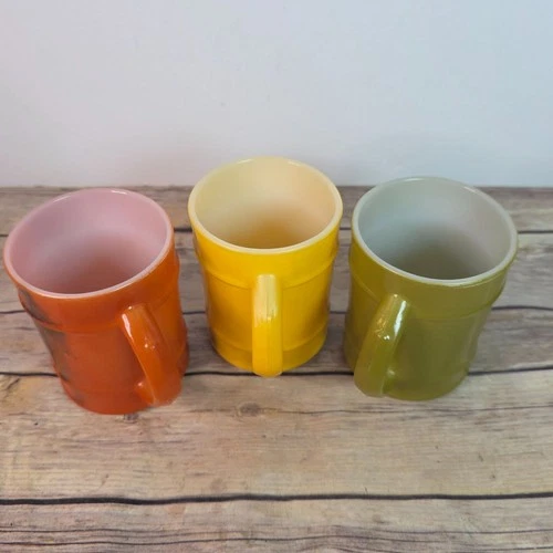 Vintage Anchor Hocking Fire-King Stacking Mugs Set Of 3 In Olive Orange & Yellow
