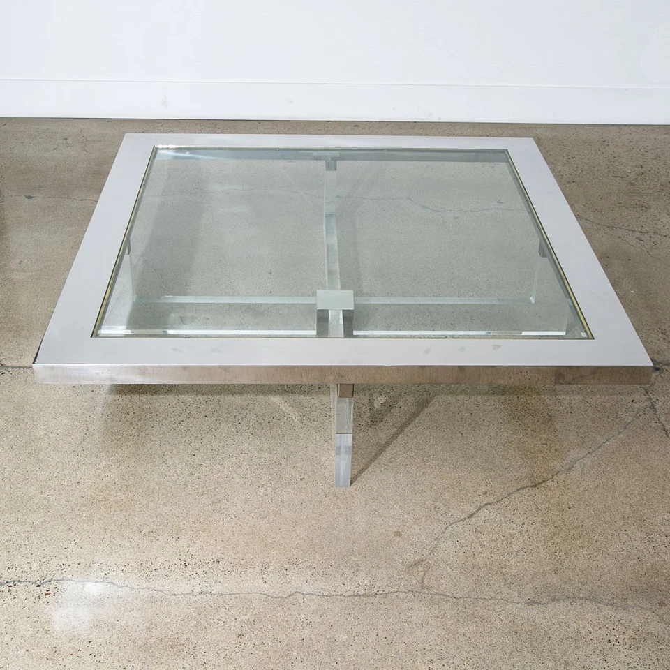 Mid Century Modern Coffee Table Square Large Chrome Glass Sandro Petti Lucite - Image 3 of 4