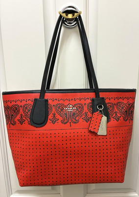 Coach 2015 Limited Release Americana Series Red Print Crossgrain Leather Tote
