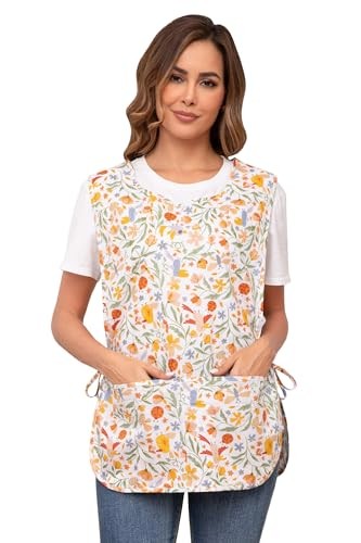 Women Cobbler Apron with 2 Patch Pockets Cotton printed Smock with Side Ties
