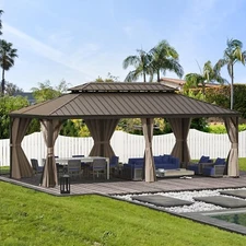 14' x 24' Outdoor Hardtop Gazebo Aluminum Brown Frame w/Sidewalls Double Roof