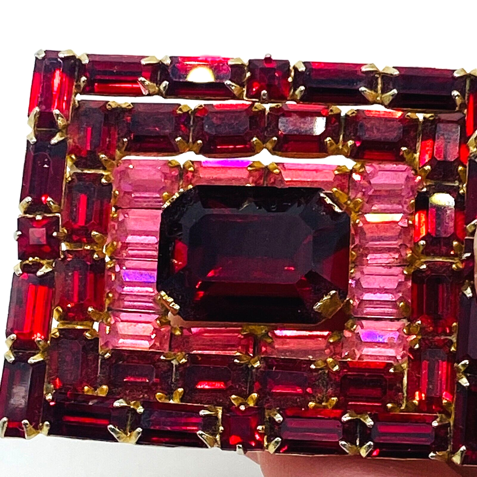 Vintage Red and Pink Crystal Brooch Concave Recta… - image 3