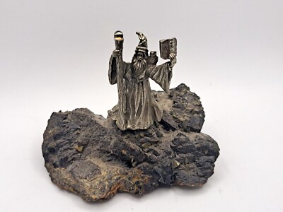 Vintage Pewter Wizard With Staff, Crystal, Owl and Book - Mounted on Rock