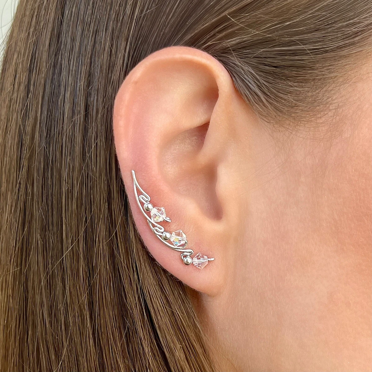 IRIJEWELRY WING EAR CLIMBERS WITH SWAROVSKI CRYSTALS WHITE SILVER EARRINGS