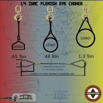 Choker Sling 1/4'' x 2' IWRC EIP Flemish Eye Lifting Pulling Rigging Logging Tow