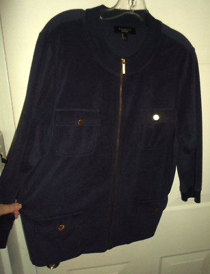 Talbots Terry Jacket Sz XL Navy Blue  3/4 Sleeve Full Zip Gold Buttons 4-Pockets