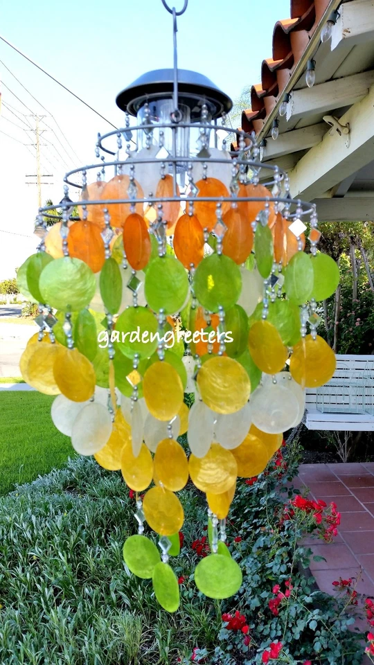 SOLAR CAPIZ SHELL WINDCHIMES/CHANDELIER MIXED PASTEL WITH SOLAR LIGHT - Image 2 of 4