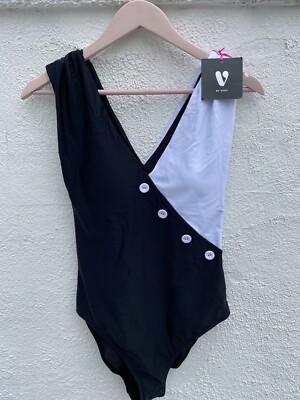 Black And White Button V By Very Swimsuit 14 Ladies Bikini Swim Beach