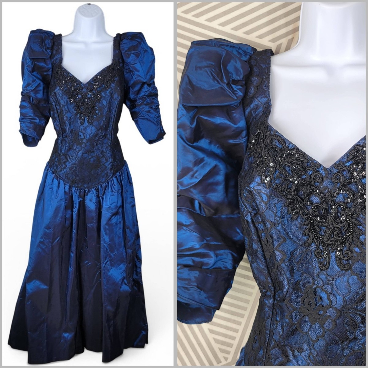 Vintage 80s Taffeta Prom Formal Dress Size 14 16 Ball Gown Long Swishy Bow  Lace