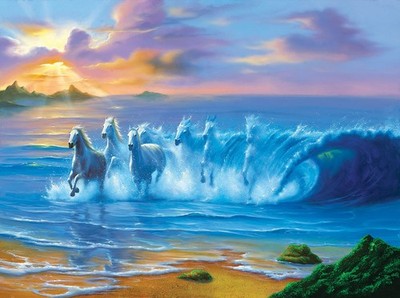 stretched canvas art print giclée - poster pillow. Neptune's horses beach ocean