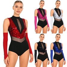 Women Dancewear Color Block Bodysuit Romper Outfit Back Leotard Pure Stage