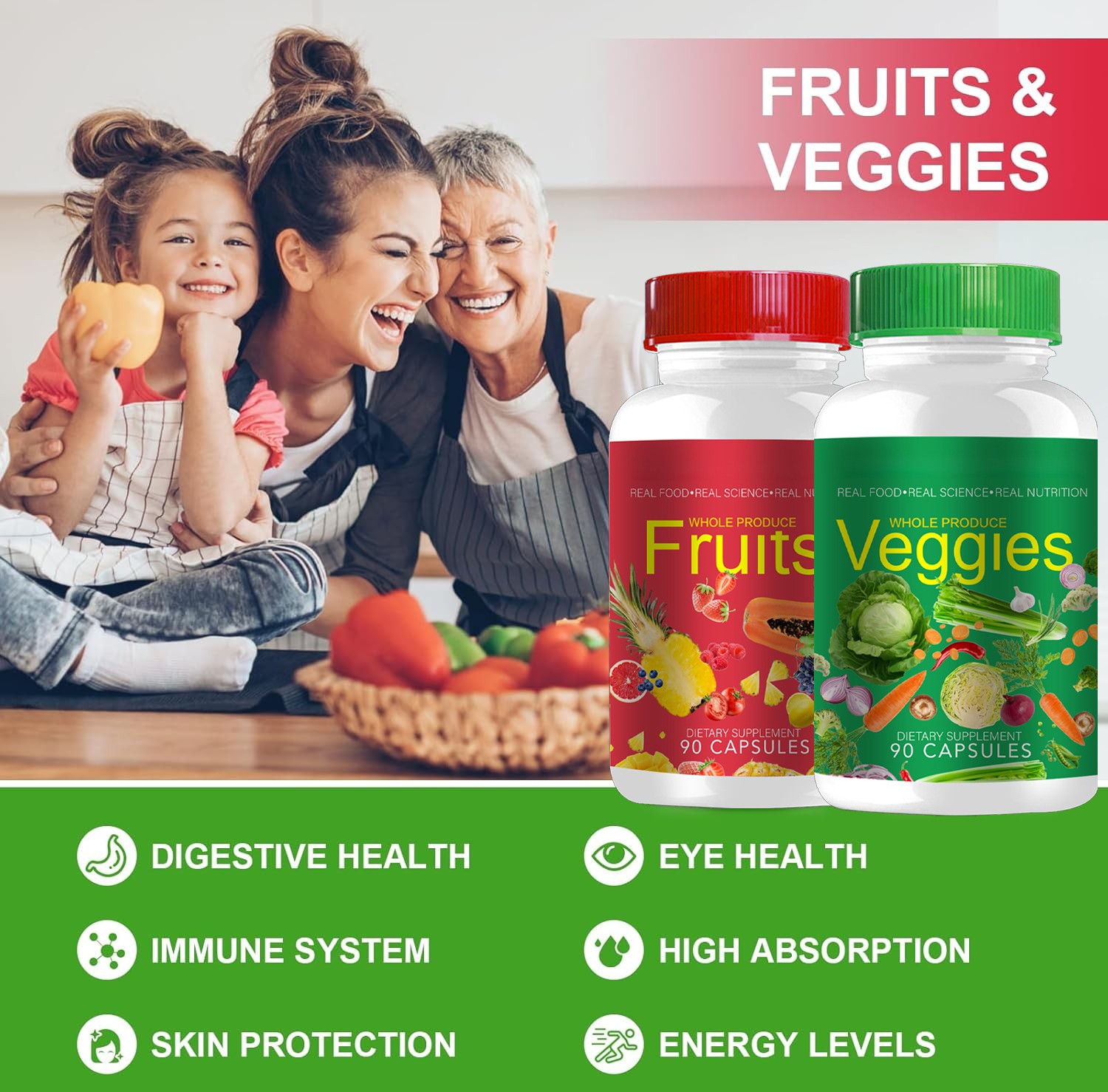 1 Set Fruits and Veggies Supplements - 90 Fruit Capsules, 90 Veggie Capsules New