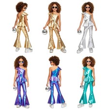 Girls Bodysuit Iridescent Jumpsuit Shiny Romper Party Overall Glossy Dancewear