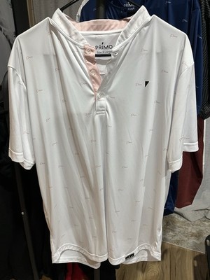 PRIMO Men's XL Polo Shirt White Pink Logo Print Short Sleeve Blade Collar