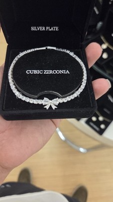 Silver Plate Cubic Zirconia Tennis Bracelet w/ CZ Bow Charm   Gift Box Included