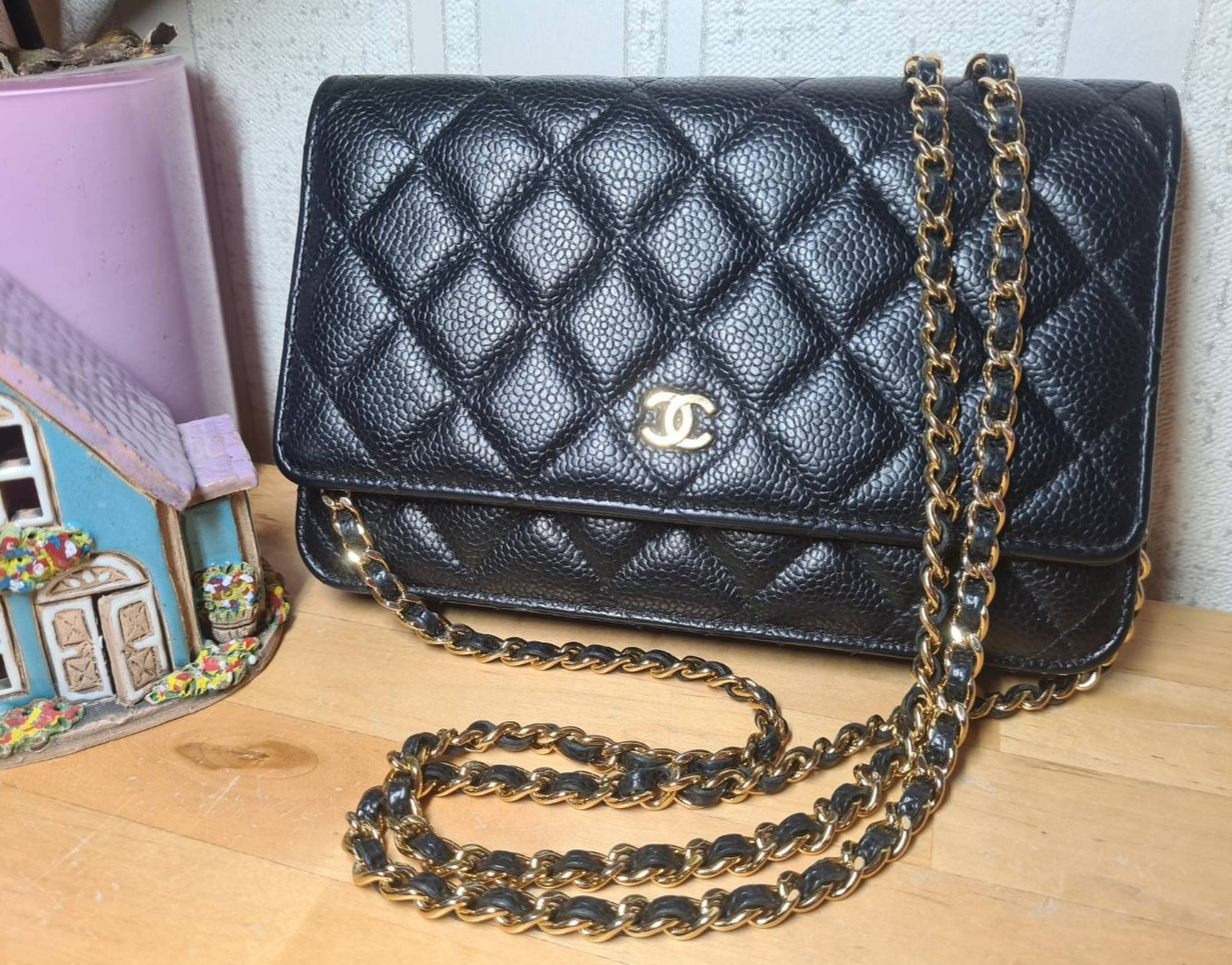 Chanel Classic Wallet On Chain Bag Black Caviar Quilted Gold Tone Hardware
