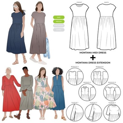 Style Arc Sewing Pattern - Montana Midi Dress Plus Extension Pack Bundle (Siz...