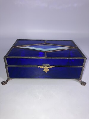 Vintage Stained Leaded Glass Claw Footed Trinket Box Brass Cobalt Blue Beveled
