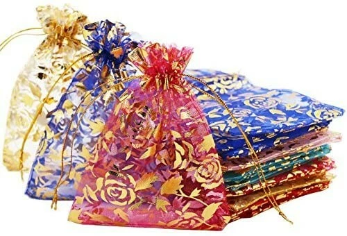 THE SLIPPERY PEARL 10 Rose Organza Gift Bags Jewelry Drawstring Sack Sheer Party Favors Assorted