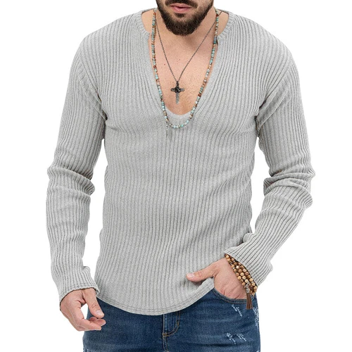 Men Long Sleeve V Neck Top Ribbed Knit T-Shirt Casual Slim Muscle Tee Blouse UK - Picture 18 of 42