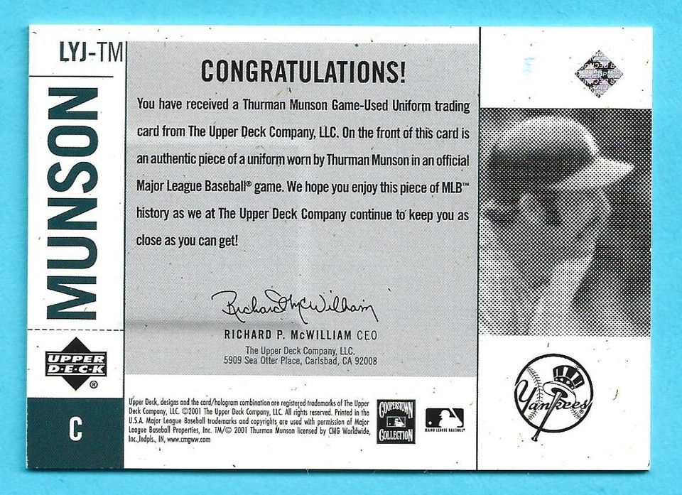 THURMAN MUNSON 2001 Upper Deck Legends Of NY GameUsed Jersey TM Yankees HOF'er eBay
