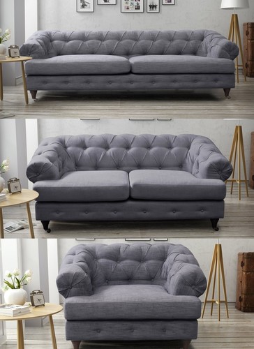 Oxford Chesterfield Dark Grey Sofa 3 + 2 + 1 Seater Fabric Linen Quality Chrome