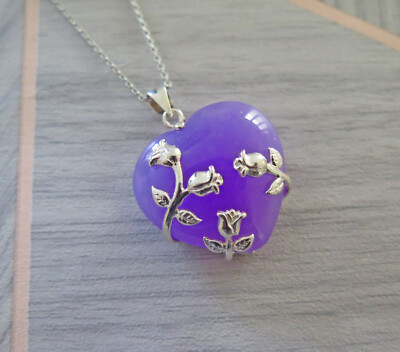 Echte Lavendel Jade Sterlingsilber Rose Herz Halskette perfektes Geschenk für sie