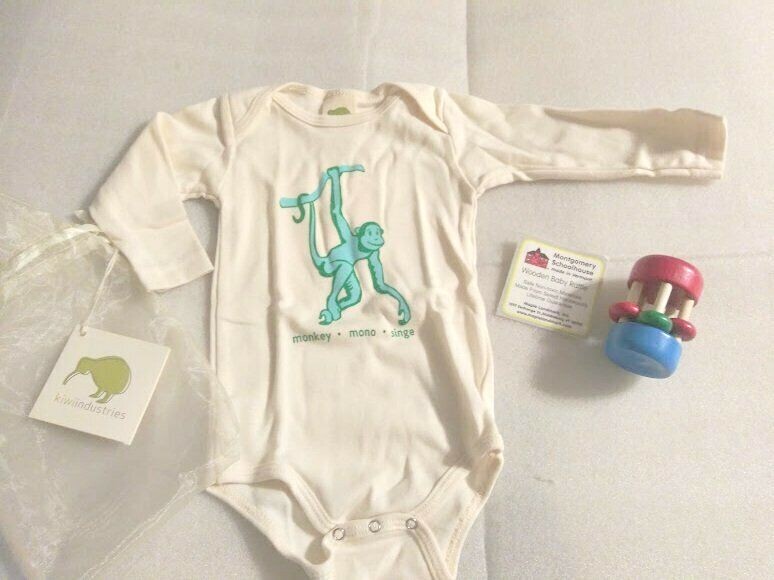 Kiwi Industries Organic Cotton Bodysuit Toy Rattle Baby Gift Set, Monkey 3-6 Mos