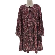 Old Navy Dress Womens 2XL Red Floral Boho Pleated Long Sleeve Rayon Tunic V Neck