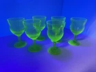 Set Of 6 Circle Green Water Goblets Uranium Depression Glass