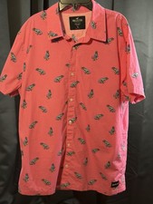 Hollister XL Pink Dinosaur Print Button Up Shirt Short Sleeve Casual Beach Surf