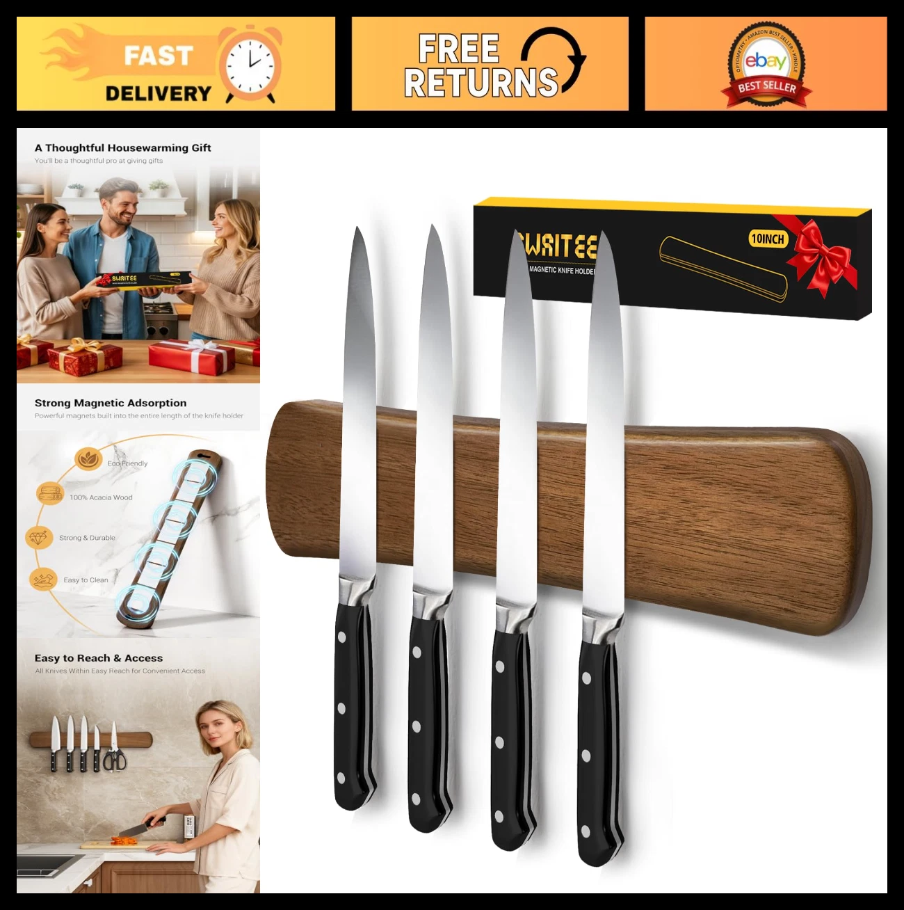 10" Magnetic Knife Holder Strip - Wall-Mounted Wood Organizer for Kitchen, RV &