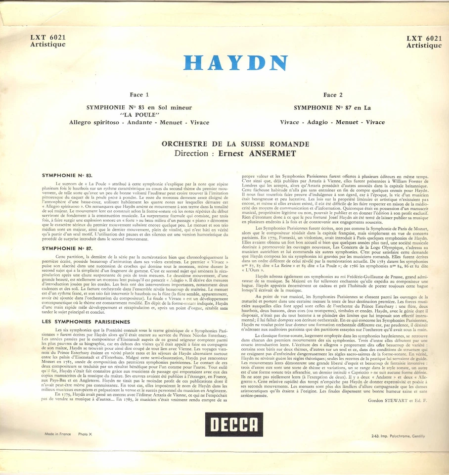 ERNEST ANSERMET, HAYDN "LA POULE" LP 1963 DECCA LXT 6021 - Photo 2/3