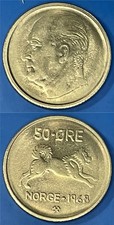 Norway 1968 50 Øre - Olav V Elkhound KM-408 Copper-nickel XF+ #26 - US Seller