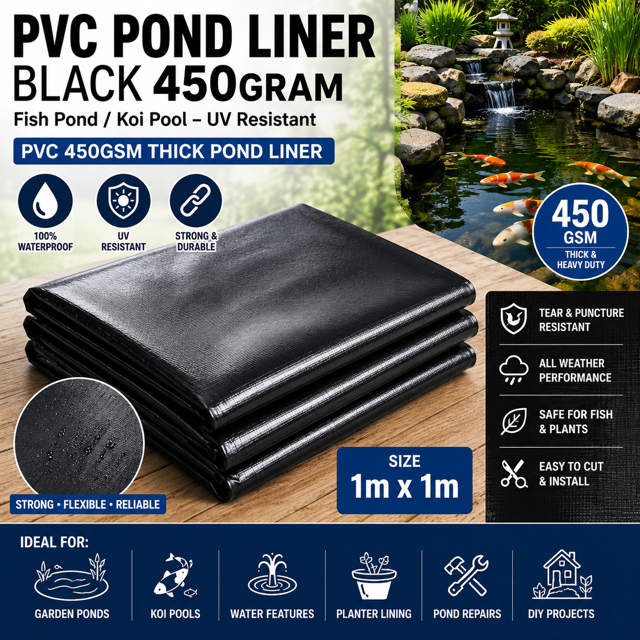Pond Liner PVC 1m x 1m 450 gsm for Fish Ponds Koi Pools Water Features and Tanks