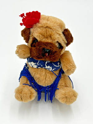 Bestever Plush Pug Hawaii Style Blue Bathing Suit with Fringe Hibiscus  6.5 H